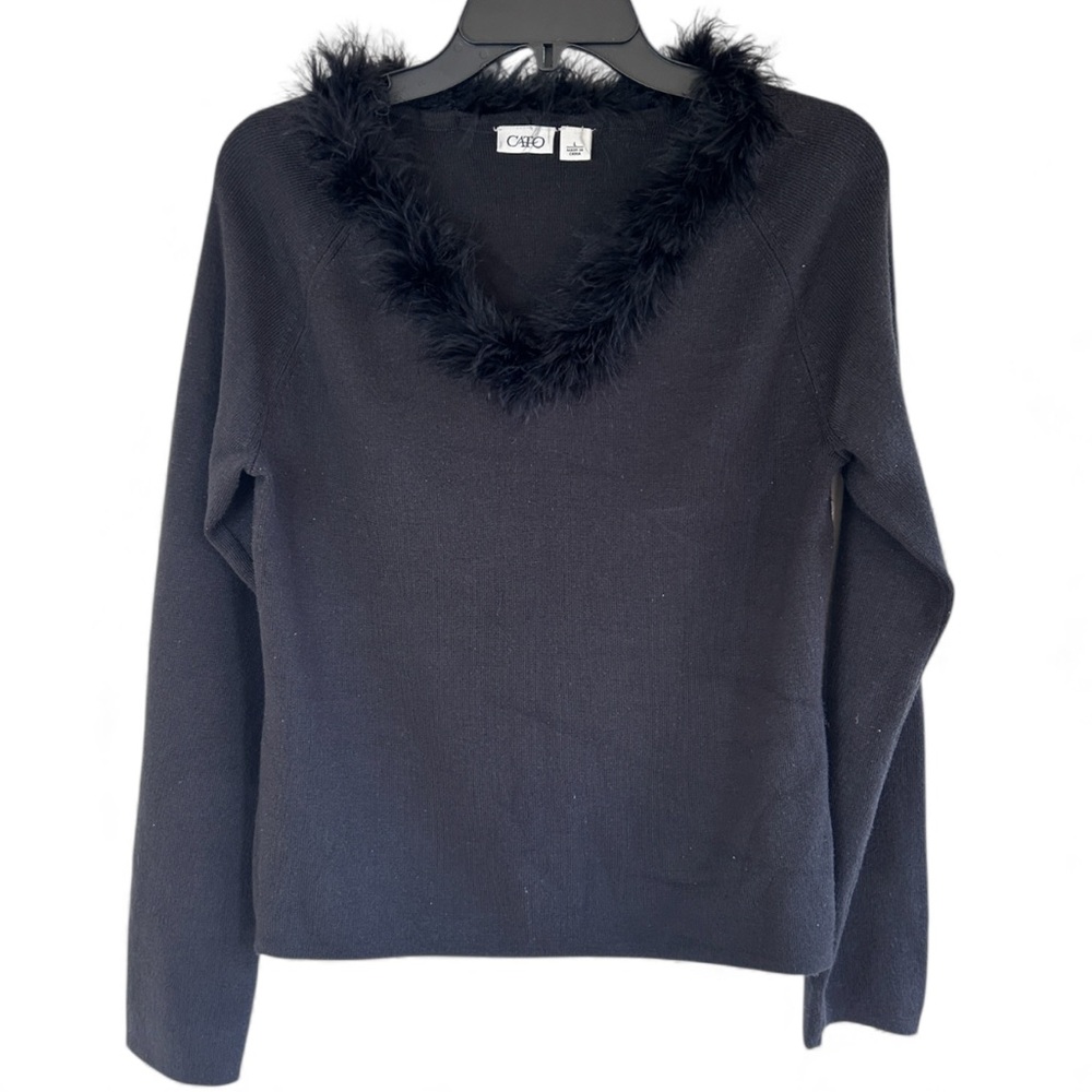Y2K CATO Black Faux Fur Feather Trim Sweater 90s Whimsigoth Coquette Glam Size L